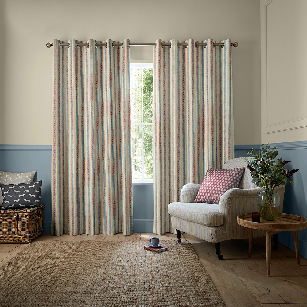 Block Printed Stripe Blue & Red Curtains