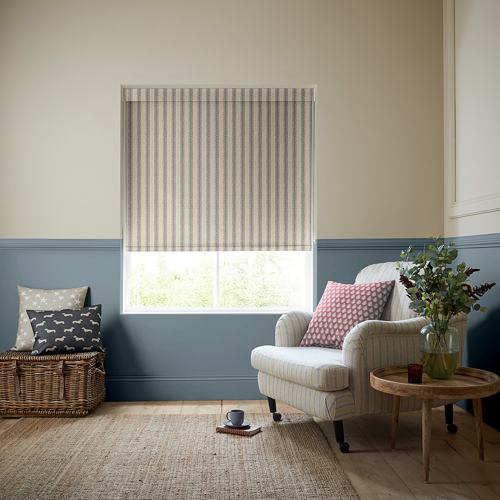 Block Printed Stripe Blue & Red Roller Blind