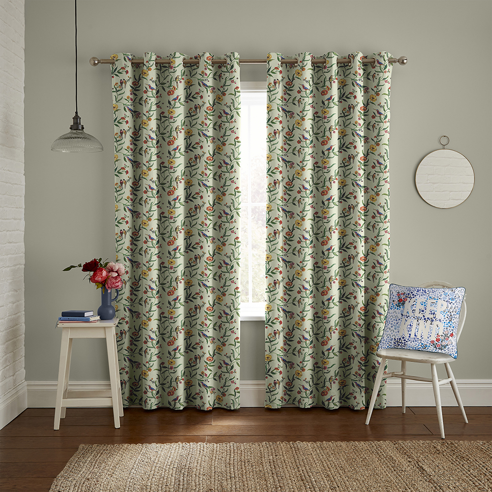 Summer Birds Green Curtains