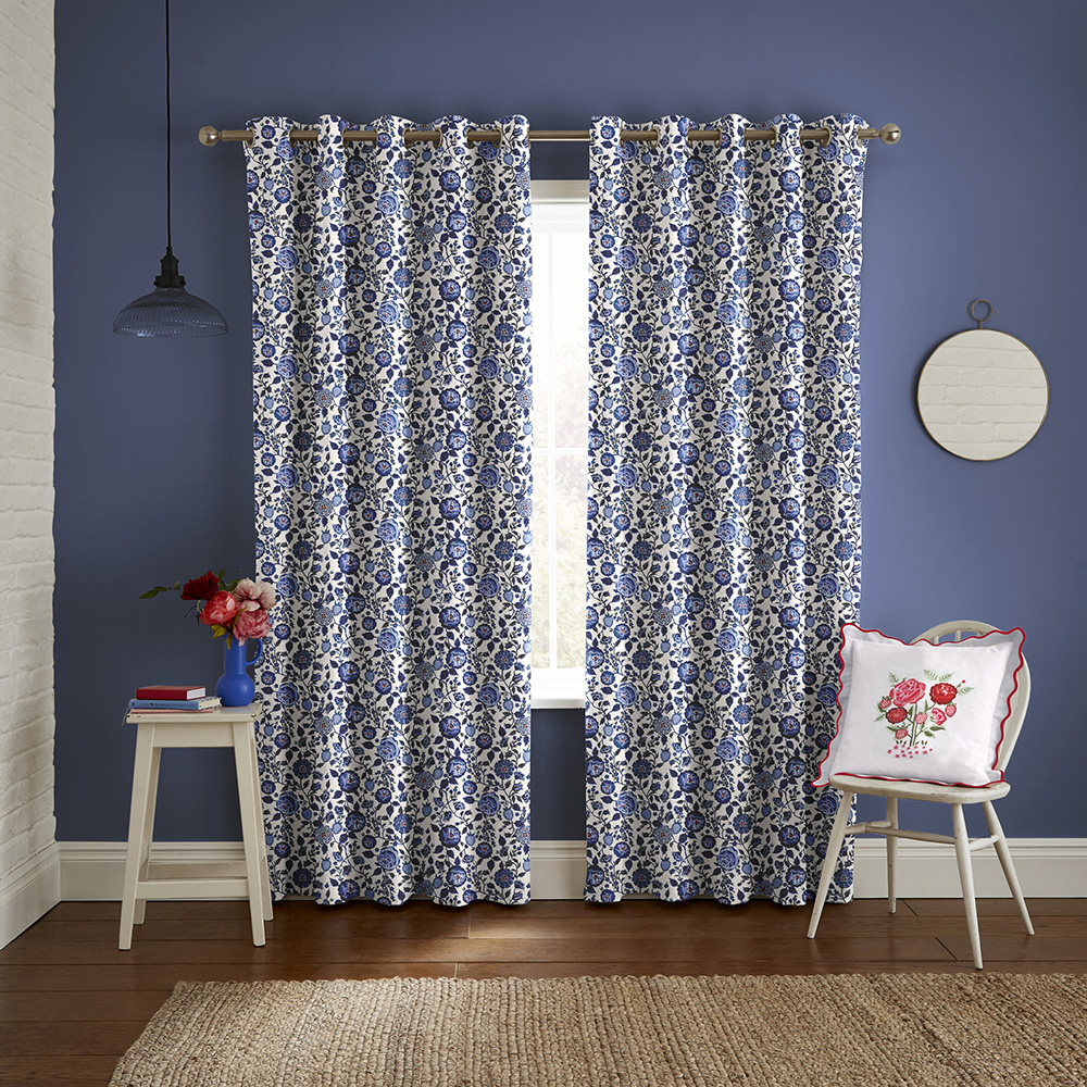 Strawberry Gardens Blue Curtains
