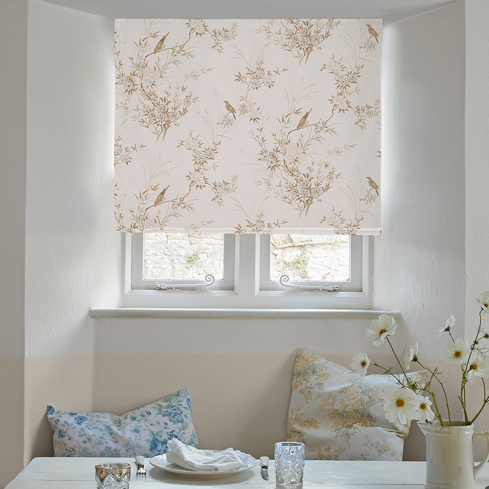 Bird Chinoiserie Pink Tan Roman Blind
