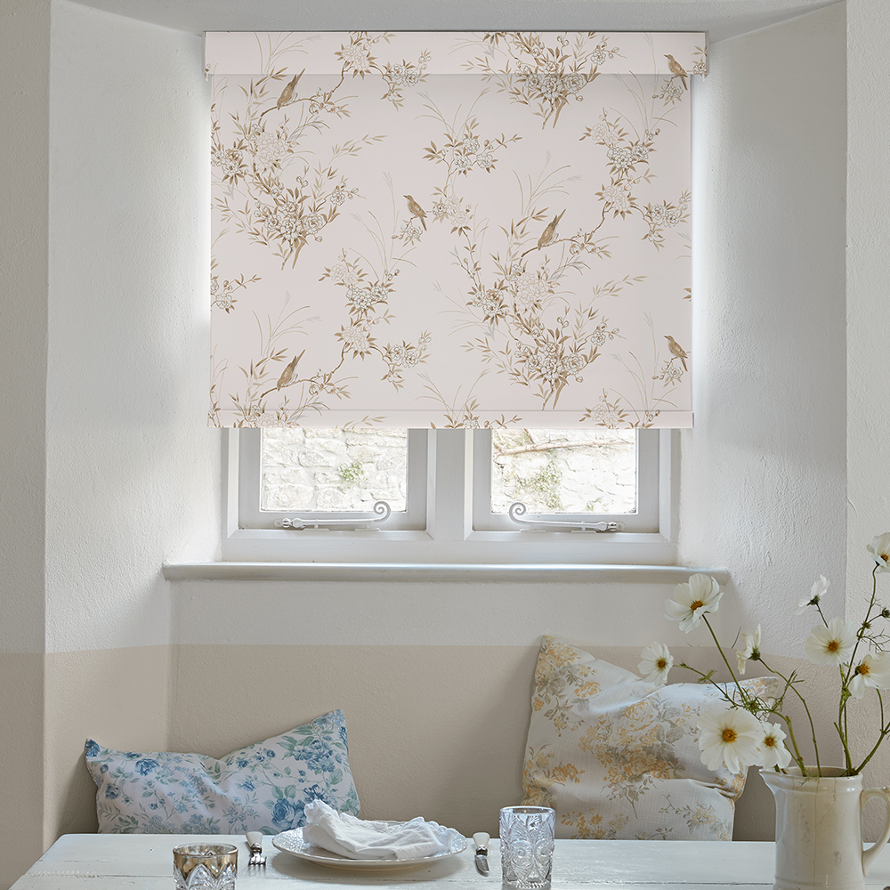 Bird Chinoiserie Pink Tan Roller Blind