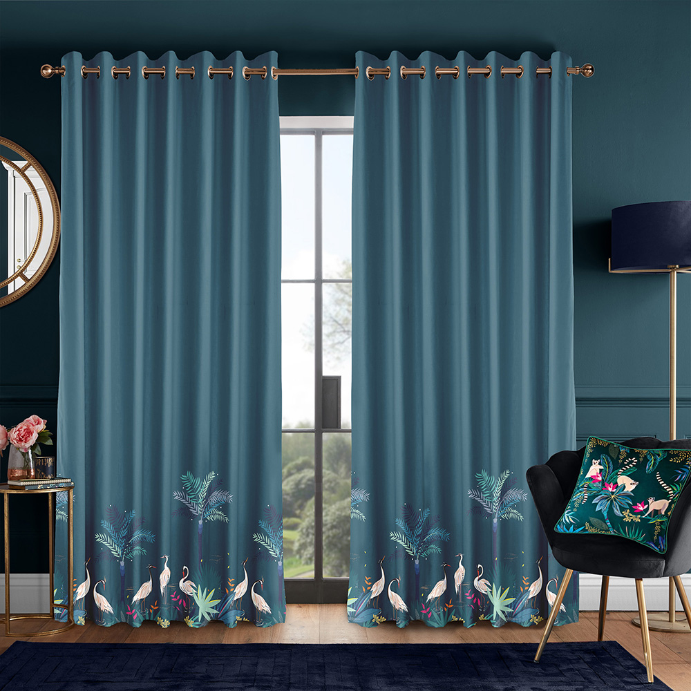 Heron Border Teal Curtains