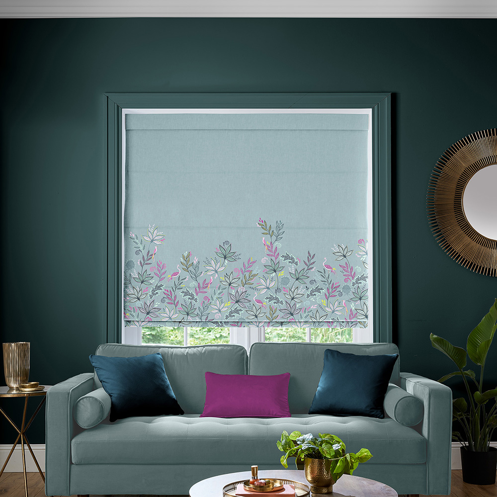 Botanic Paradise Border Dusky Blue Roman Blind