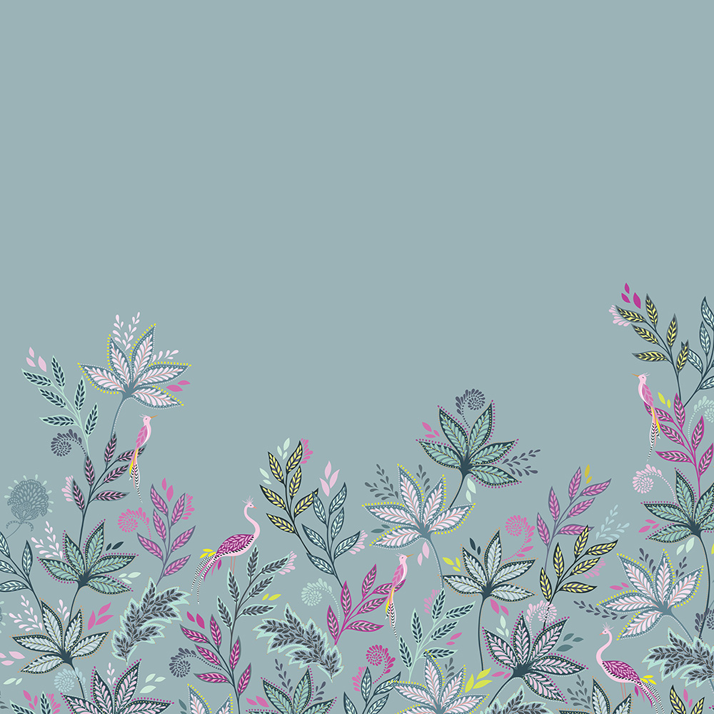 Botanic Paradise Border Dusky Blue Curtains