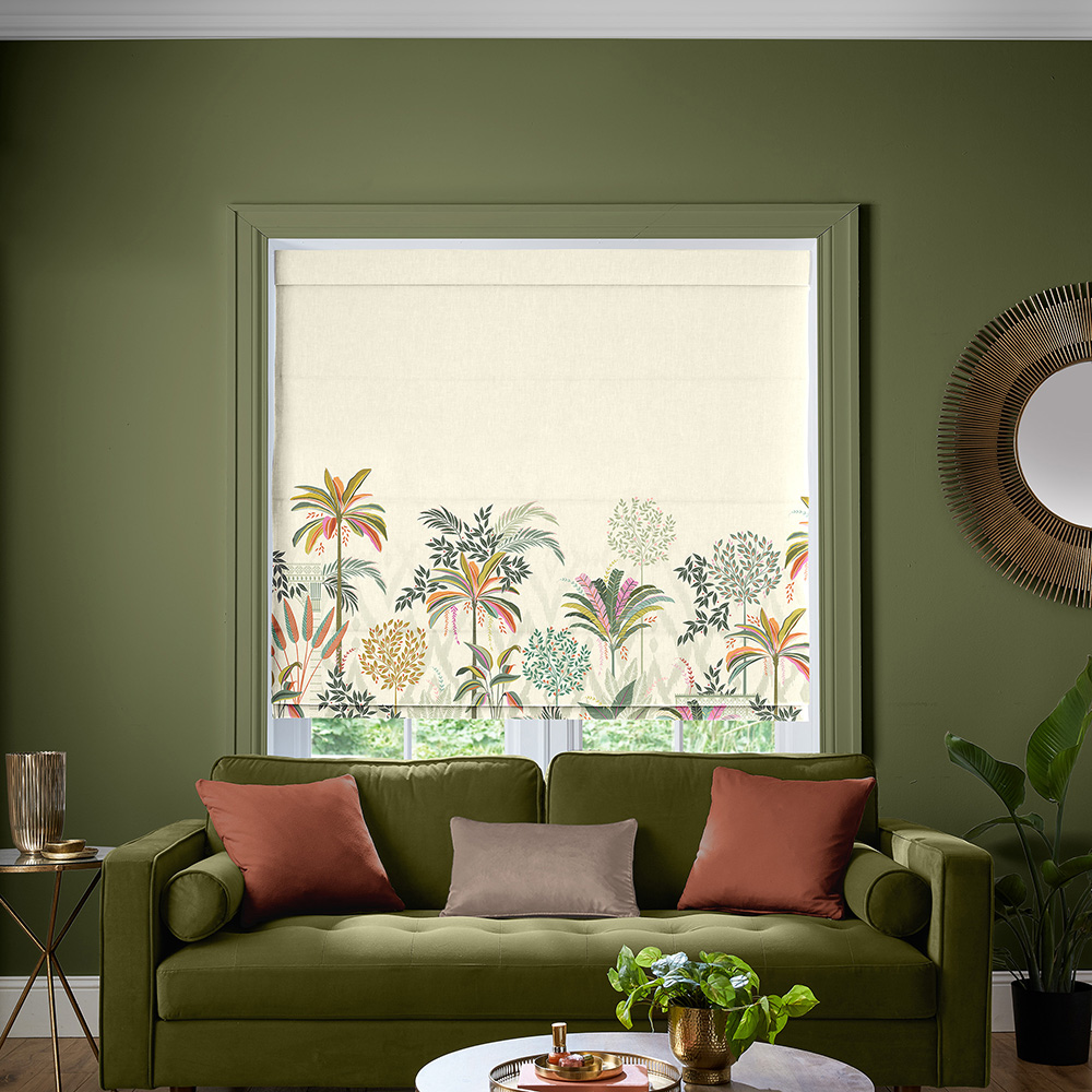 Palm Garden Border Light Stone Roman Blind