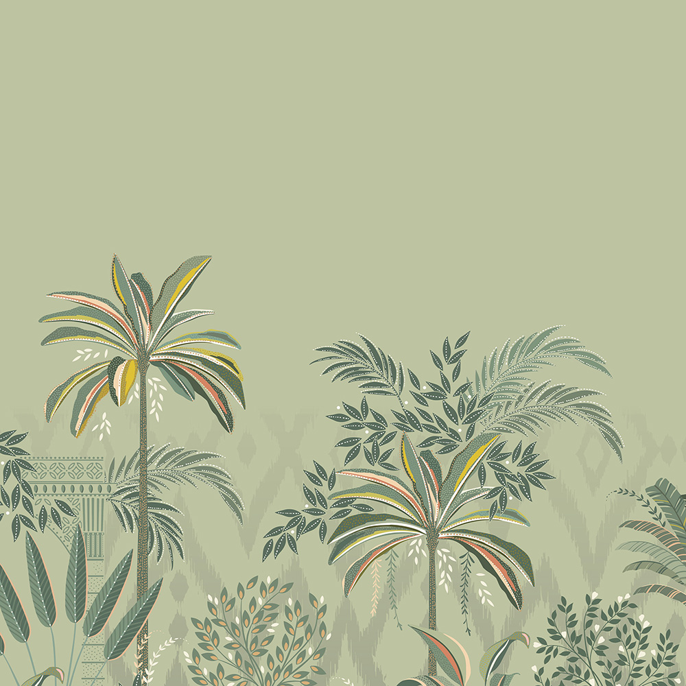 Palm Garden Border Soft Olive Curtains
