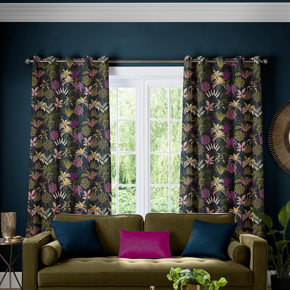 Palm Garden Silk Midnight Curtains