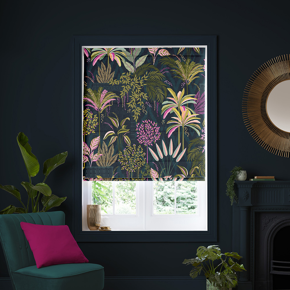 Palm Garden Silk Midnight Roman Blind