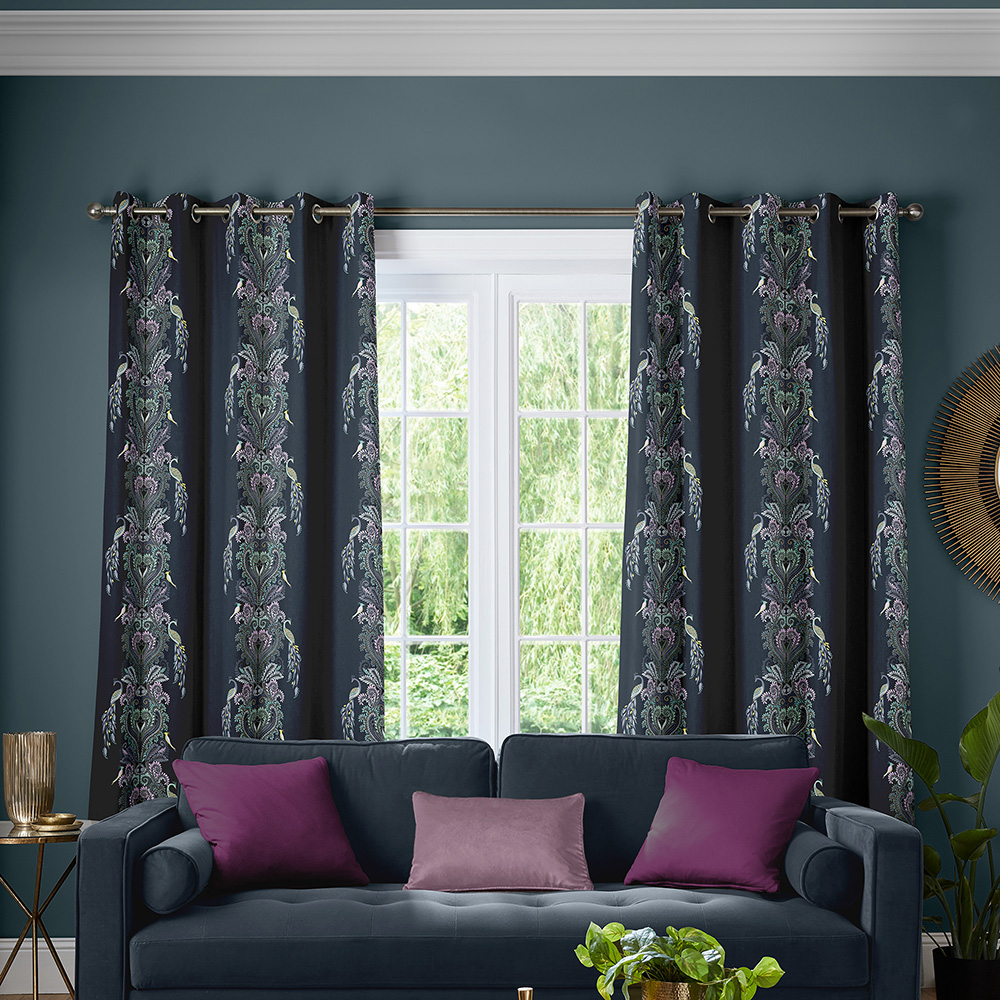 Peacock Filigree Silk Petrol Curtains