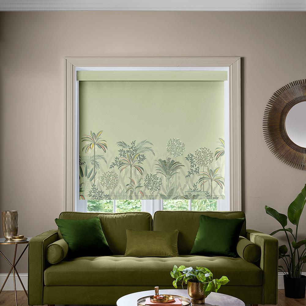 Palm Garden Border Soft Olive Roller Blind
