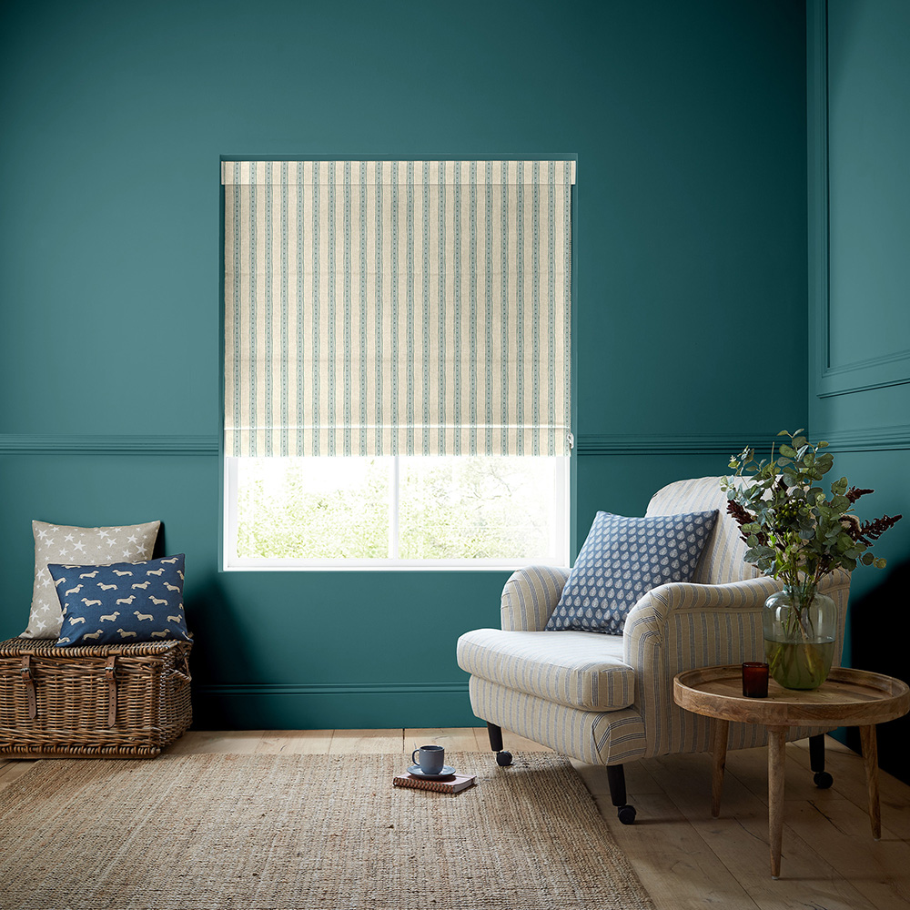 Block Printed Stripe Blue & Green Roman Blind