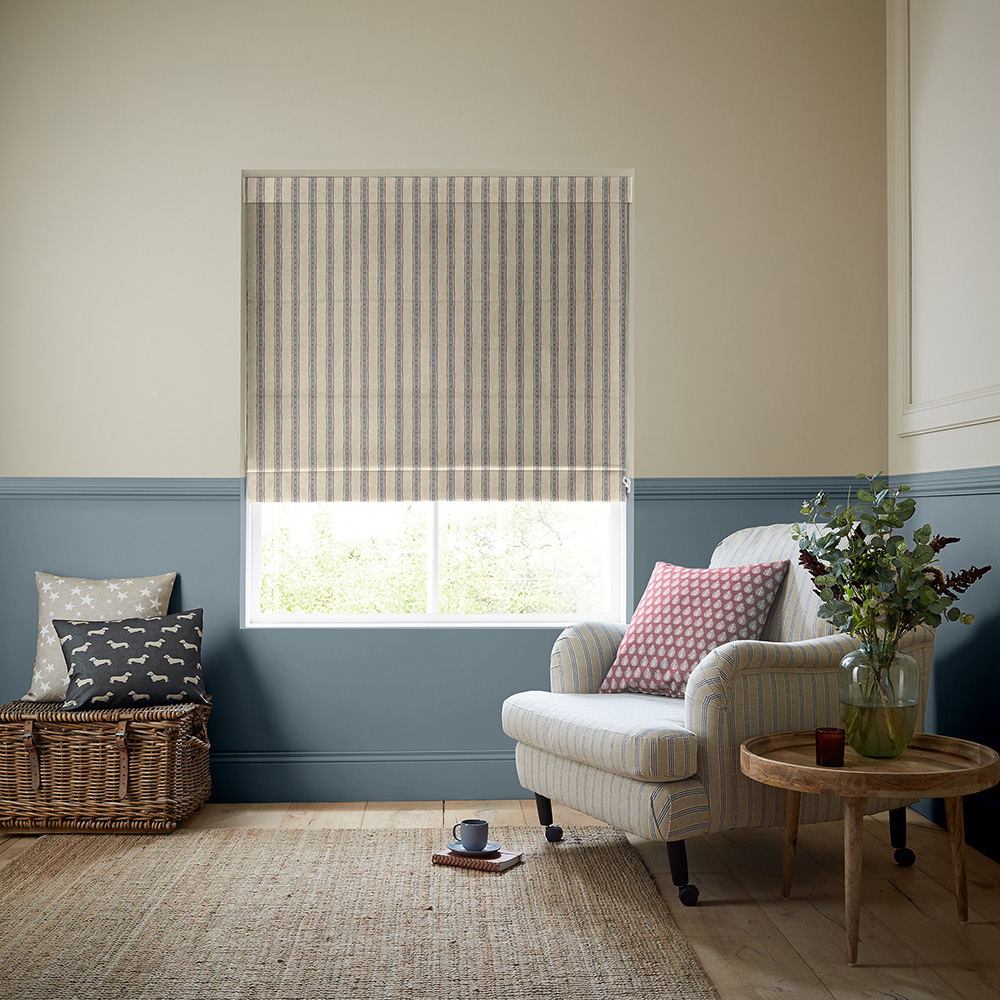 Block Printed Stripe Blue & Red Roman Blind
